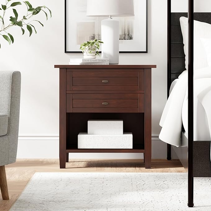SIMPLIHOME Warm Shaker SOLID WOOD 24 Inch Wide Transitional Bedside Nightstand Table in Russet Brown, For the Living Room and Bedroom