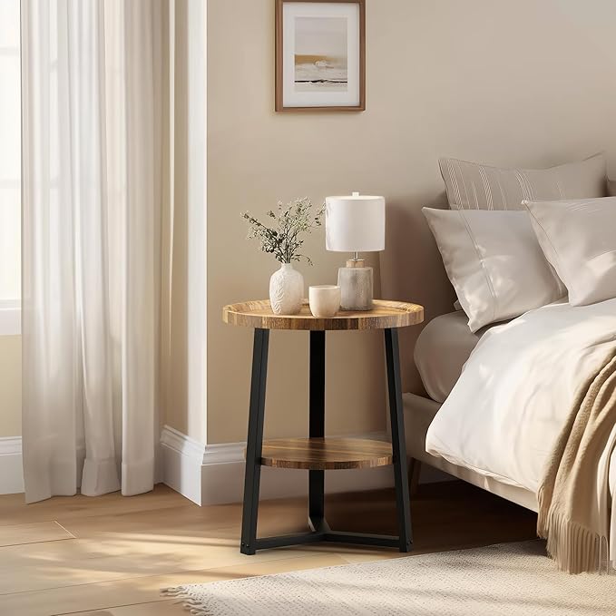 PPAMAPIC Round End Table, 2 Tier Side Table with Storage Shelf, Nightstand Accent Table for Living Room Bedroom Small Space, Black Metal Frame, 19.7" D x 23.6" H, Rustic Brown