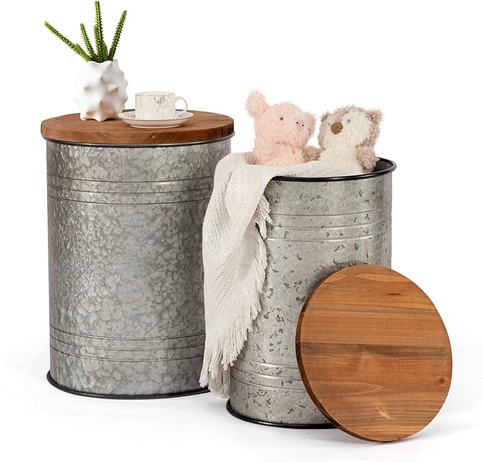 Poofzy Farmhouse End Tables Set of 2, Galvanized Metal Decor Side Table with Wood Lid, Coffee Table Storage Stool for Living Room (Grey)
