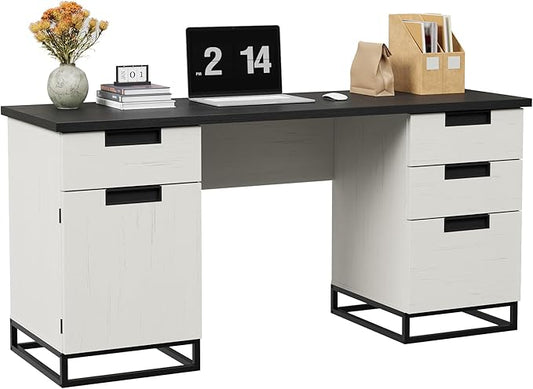 Garvee 59" Farmhouse Executive Desk, Home Office Desk with File Drawer and Storage Cabinet, Wooden Computer Table with 3 Drawers for Work and Study (Black)