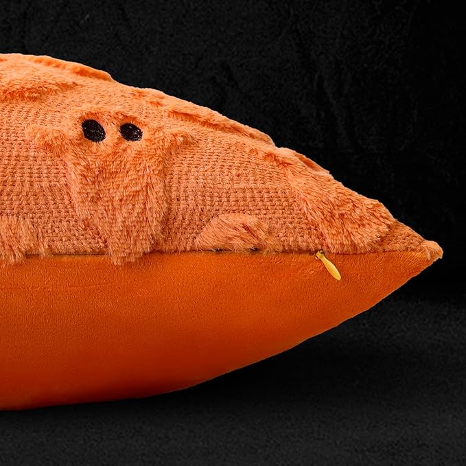 4TH Emotion Halloween Ghost Decorative Lumbar Pillow Covers 12x20 Set of 2, Orange Soft Plush Faux Fur Farmhouse Throw Cushion Cases for Fall Autumn Holiday Home Decorations