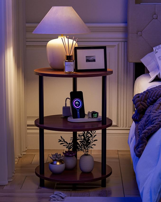 Small Round End Table - 3 Tier Design Accent Table, Narrow Side or Bedside Stand, Industrial Vintage Table for Small Spaces, Built-in USB Ports and Power Outlet, Rustic Walnut