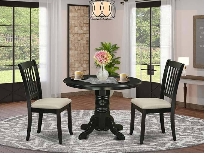 East West Furniture SHDA3-BLK-C 3 Piece Dining Table Set for Small Spaces Contains a Round Kitchen Table with Pedestal and 2 Linen Fabric Kitchen Dining Chairs, 42x42 Inch, Black