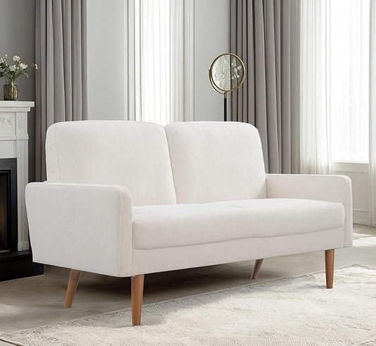 Kent Velvet Loveseat Sofa, European Style with Sleek Design, Modern & Vintage Flair, Upholstered 2 Seater Couch, Chic Living Room Furniture Seating for Home, Apartment or Office, Ivory