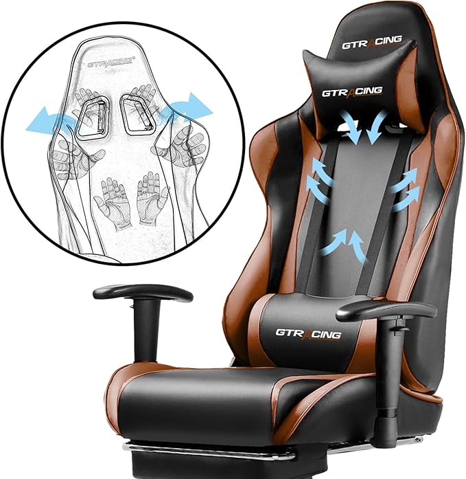 GTRACING Gaming Chair with Footrest, Ergonomic Computer Game Desk Chair, Reclining Gaming Chair Seat Height Adjustment, Swivel Rocker with Headrest and Lumbar (Brown)