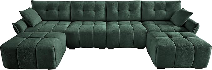 Modern Chenille Fabric 4-Seat Sofa w/Two Ottoman+2 Pillows, Premium Upholstery Living Room Couch with Tufted Backrest & Comfortable Armrests and High-Resilience Memory Foam Cushions,Green