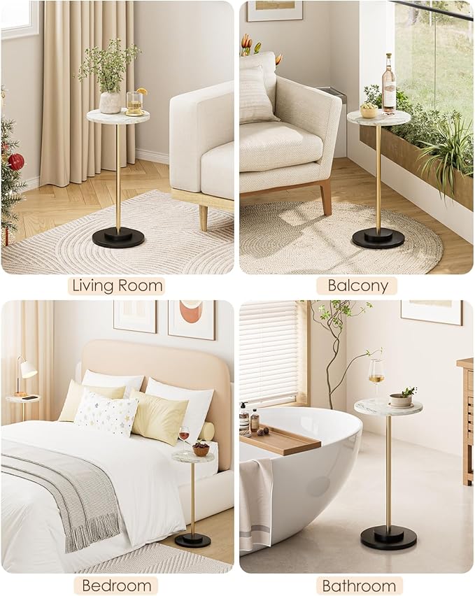 Round Side Table, Small Drink Table for Small Spaces, Modern Accent End Table Coffee Table with Metal Leg for Living Room, Bedroom, Corners, and Office (Marble)