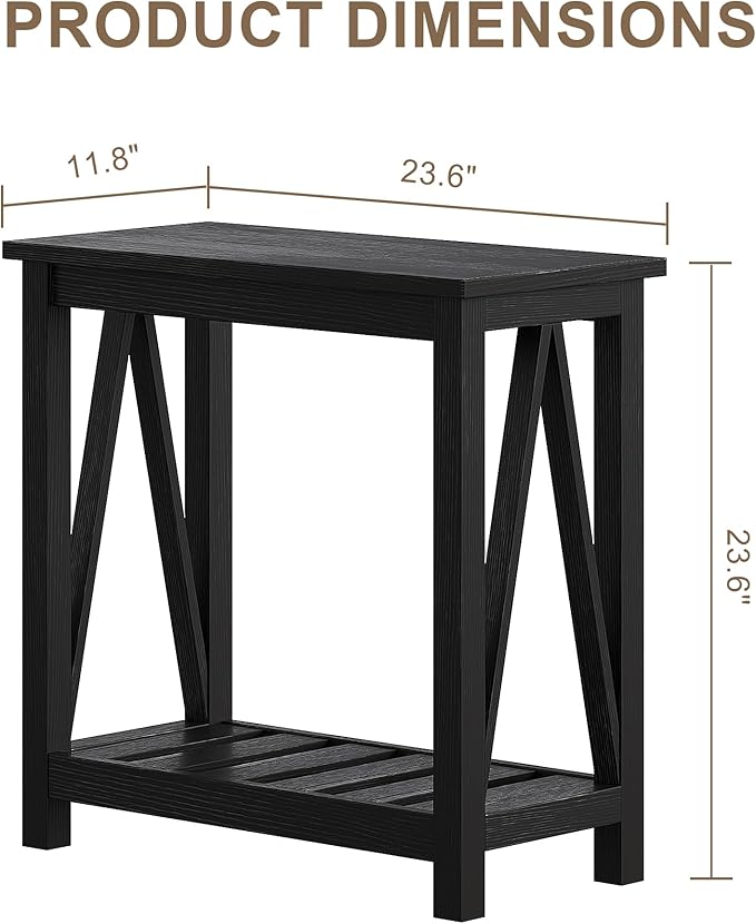 ChooChoo Farmhouse End Table, Narrow Side Table, Slim End Table with Storage Shelf for Small Spaces, Rustic Nightstand, for Living Room, Bedroom Black
