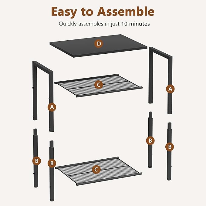 Hoctieon 2-Set 3 Tier End Table, Telephone Table Set of 2, Tall Side Table with Storage Set of 2, Small Nightstand for Small Spaces, Metal Frame, for Living Room, Bedroom, Sofa Couch, Black