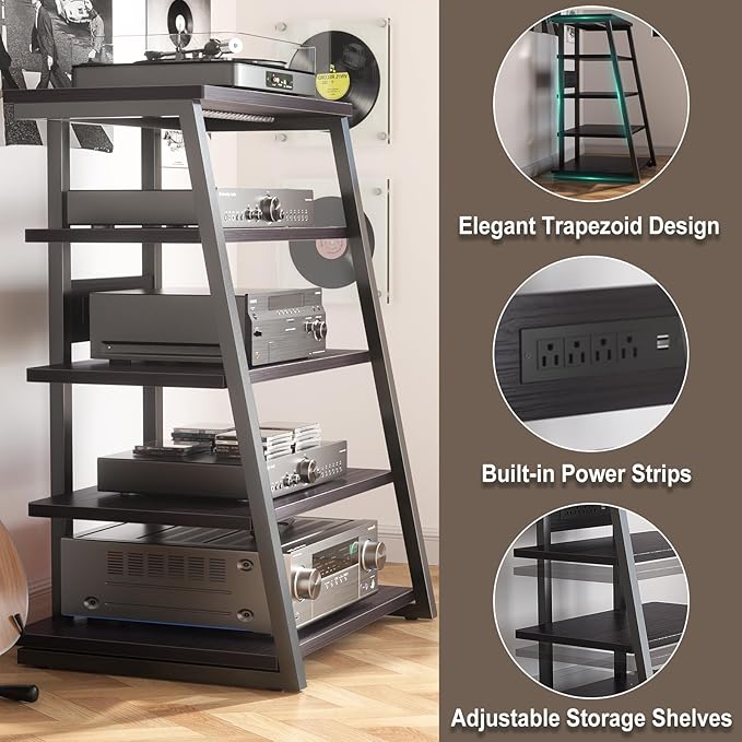 Armocity 5-Tier AV Media Stand with Power Strips, Media Console with LED Lights, Audio Tower Rack with Adjustable Shelves, Stereo Stands and Racks, 40.8'', Black Ebony