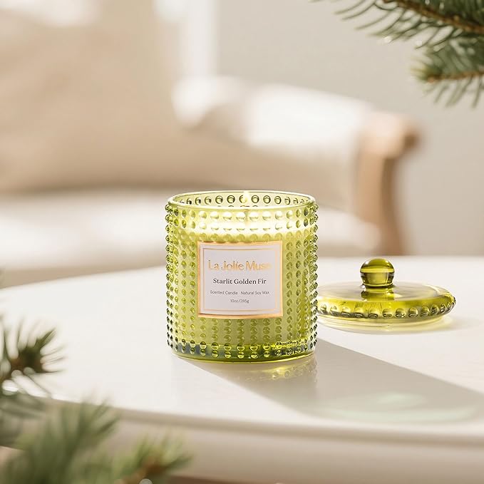 LA JOLIE MUSE Christmas Candles, Starlit Golden Fir Candle - Cedarwood, Patchouli, Fir Balsam | 10 oz Natural Soy Wax | 55 Hours Clean Burn |Winter Holiday Gift | Gift-Ready for Hosts & Gatherings