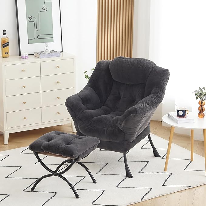 Lazy Chair with Ottoman, Modern Accent Chair Lounge Leisure Sofa Chair with Armrests, Reading Chair and Folding Footstool for Living Room, Bedroom, Office, Plush Navy
