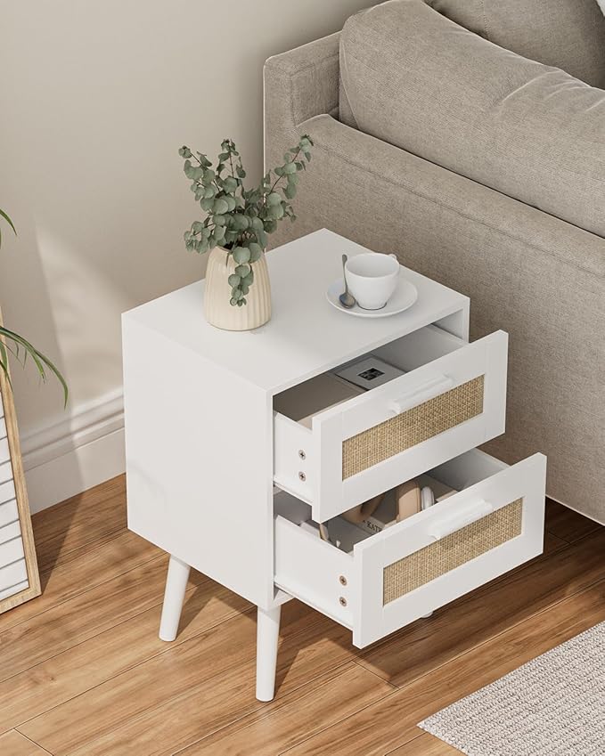 Masupu Rattan Night Stand, Modern nightstand Boho Bedside Table with 2 Drawer, Small End Side Table for Bedroom,Living Room,Office,White