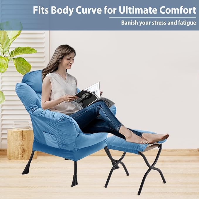 Lazy Chair with Folding Ottoman, Accent Chair Velvet Upholstered with Metal Structure and Non-Slip Pads, Sofa Armchair with Footrest and Side Storage Bag for Dorm, Room, Office, Light Blue