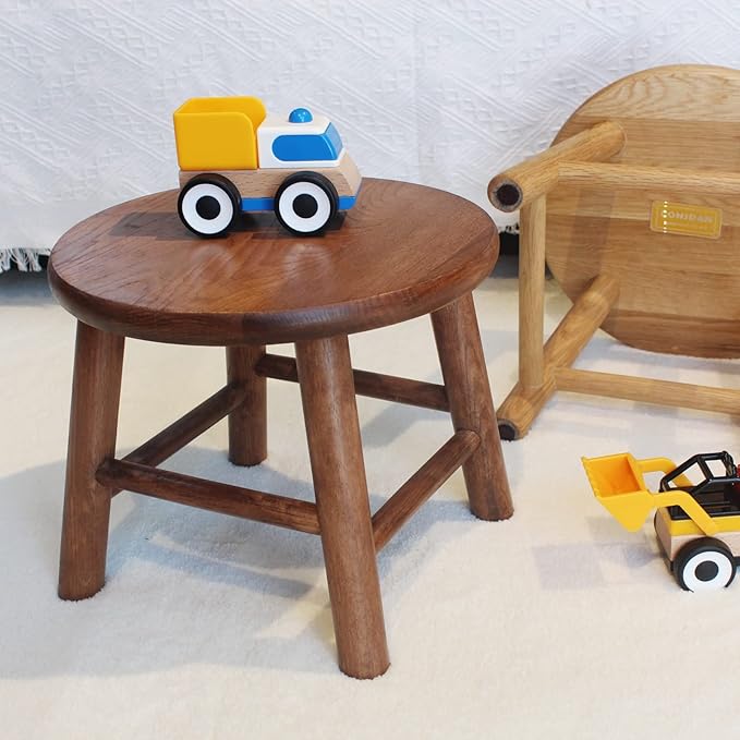 CONSDAN 9-Inch Round Step Stool for Adults & Kids, USA Grown Solid Oak Hardwood, Sturdy Small Foot Stool for Kitchen, Bedroom, Bathroom, Shoe Changing, Plant Stand, Fully Assembled (Chocolate)