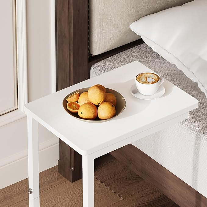 Side Table,C Table with 2-Tier Storage Shelf, End Table TV Tray with Metal Frame, Sofa Table with Wheels for Living Room, Bedroom, Office, Bathroom, Easy Assembly, White