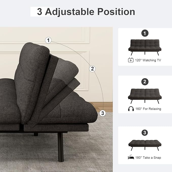 Vipbear Futon Sofa Bed Couch, 71" Convertible Sofa Bed, Space-Saving Loveseat with Adjustable Backrest & Armrest for Living Room,Apartment,Office,Pure Grey Sleeper Sofa