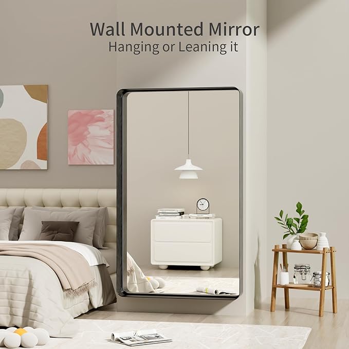 Koonmi Black Wall Mirror for Bathroom, 36x60 Inch Matte Deep Framed Rounded Rectangle Vanity Mirror for Farmhouse Living Room, Tempered Glass, Anti-Rust, Vertically or Horizontally