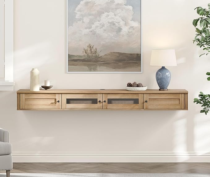 WAMPAT Floating TV Stand for TVs up to 80 Inch, Wooden Floating TV Shelf with Storage Cabinet, Modern Floating TV Shelf Entertainment Center for Living Room, Oak