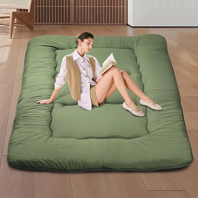 Japanese Floor Mattress,Roll Up Memory Foam Tatami Mat Easy to Store and Portable,Futon Mattress Suitable for Camping and Guest Room (Green, Queen (80" X 60"))