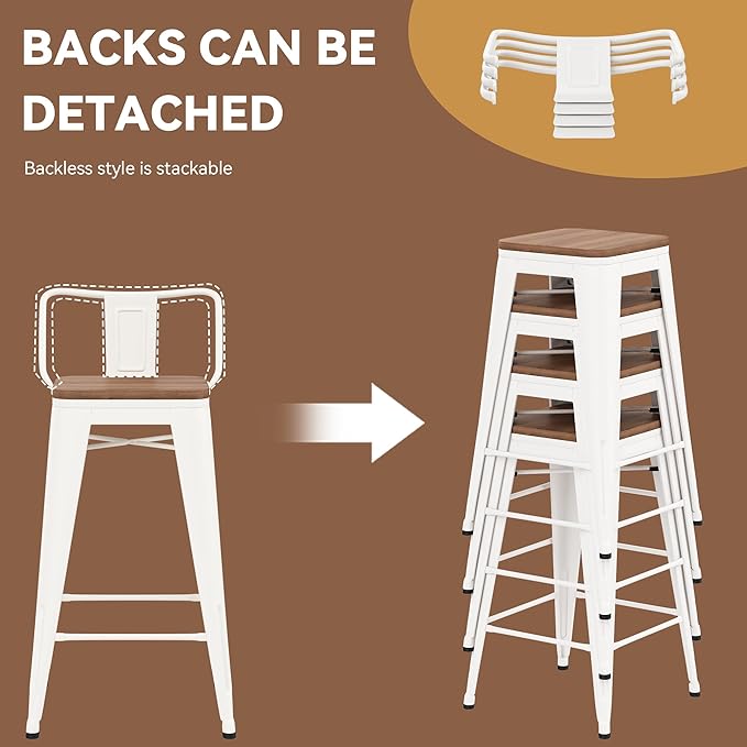 Yongchuang 30 inch Bar Stools Set of 2 Kitchen Bar Height Chairs with Wood Seat Industrial Low Back Metal Barstools Cream White