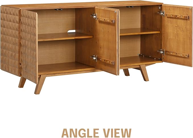 NTC Sapa Mid-Century Modern Solid Wood Sideboard – 4-Door Accent Buffet Cabinet with Carved Geometric Fronts, for Living Room, Dining Room, or Entryway, Effortless Assembly, Teak Look