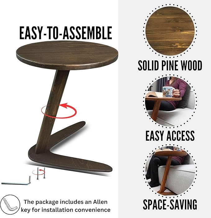 C-Shaped Handmade End Table, Side Table for Couches, Sofa Tables Slide Under Couch for Living Room, Over Couch TV Tray Table for Small Spaces (Large, Dark Walnut)