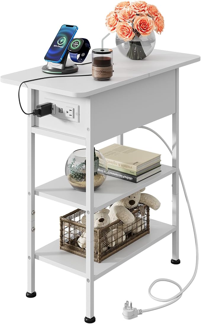WLIVE End Table with Charging Station, Flip Top Side Table with Storage Shelf, Narrow Bedside Table for Living Room, Sofa Couch Table with USB Ports and Outlets, Bedroom Nightstand, White