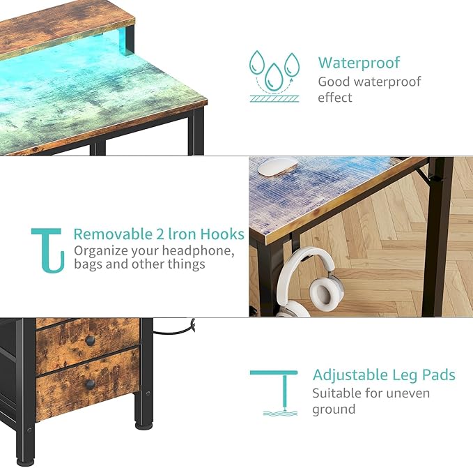 Lufeiya Reversible Gaming Desk with LED Lights and Power Outlets, 47 inch Home Office Desk with Monitor Stand, Computer Desk with Fabric Drawers, Rustic Brown
