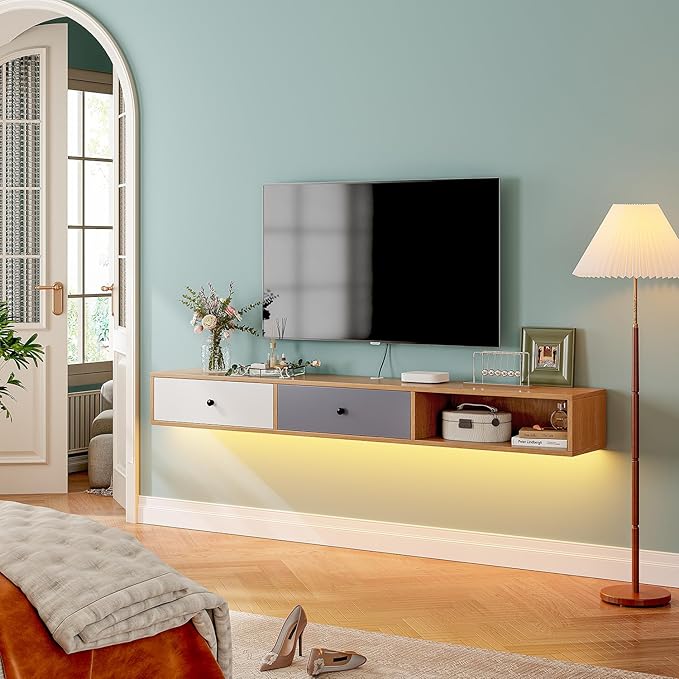 Modern Floating TV Stand with Doors, 55‘’ Wall Mounted Media Console Cabinet Under TV Shelf for Living Room Bedroom, Natural