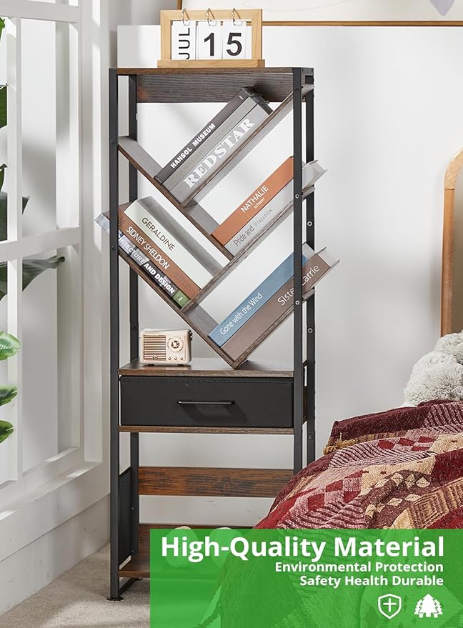 Bookshelf with Drawer,8 Tier Tree Bookcase Retro Floor Standing Bookshelves,Tall Wood Bookcases with Cabinet Storage Organizer for Living Room, Bedroom & Home Office, Classic