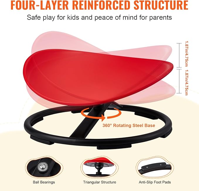 VEVOR Kids Swivel Chair, 220 LBS Capacity, Sensory Spinning Chair, Autistic Kids Sensory Toy Chair with Non-Slip Metal Base, Toddler Sit and Spin for Coordination Balance Focus Training Red
