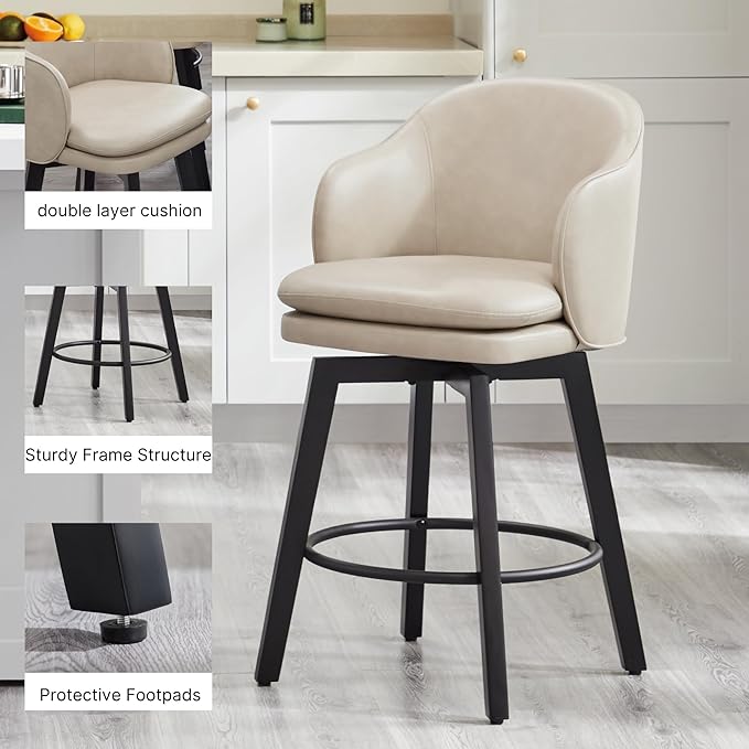 Counter Height Barstools 26 inch Upholstered Swivel Bar Stools with Back and Wood Legs for Kitchen Island,Set of 1,Beige PU Leather