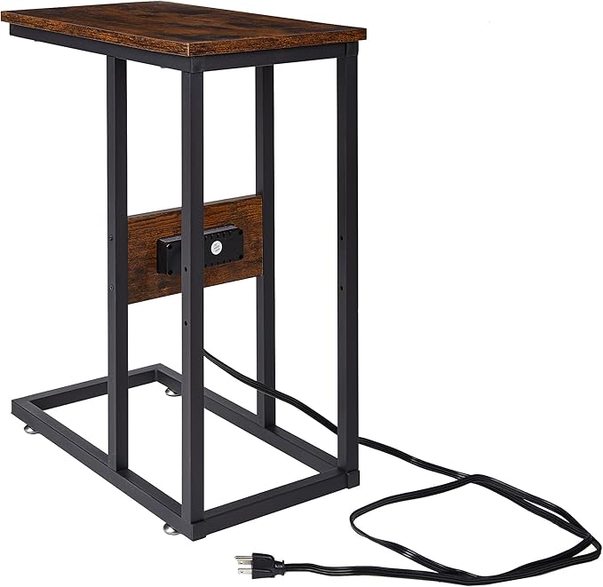 VECELO C Shaped End Side Table with Charging Station & Power Outlets for Couch Sofa/Bed Snack TV Tray with Metal Frame for Living Room Bedroom 1 Set, Brown