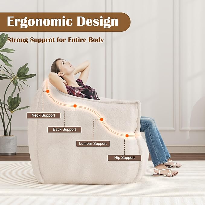 Giant Bean Bag Chair, Bean Bag Chair with Armrest for Adults, 45“W x 43.5" D Large Bean Bag Chair with Filler, Big Comfy Washable Sofa Chair for Living Room, Bedroom, Cream White