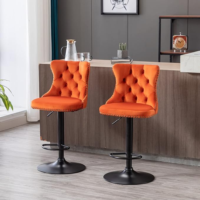 PacknWood Acosure Swivel Velvet Barstools Adjusatble Seat Height from 25-33" with 17.7" Base and Backs Comfortable Tufted,Modern Upholstered Bar Chairs for Home Pub Kitchen,Orange,Set of 2
