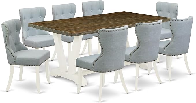 East West Furniture V077SI215-9 9 Piece Kitchen Table Set Includes a Rectangle Dining Table with V-Legs and 8 Baby Blue Linen Fabric Parsons Dining Chairs, 40x72 Inch, Multi-Color