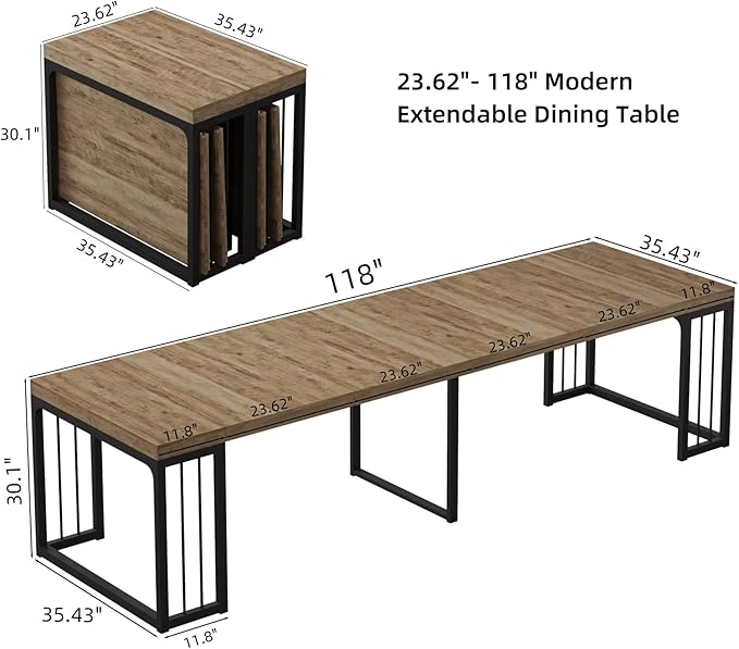 KEIKI 23.62" - 118" L Extendable Foldable Dining Room Table for 2-10 People, Wood Modern Rustic Rectangle Expandable Kitchen Living Meeting Room Furniture, 5 Tabletop Length Options