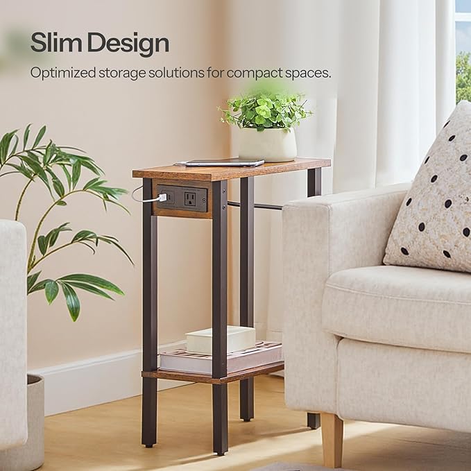 HOOBRO Small End Table with Charging Station, Set of 2, Narrow Side Table with USB Port and Outlets, Skinny Sofa Table, Slim Nightstand, Living Room, Bedroom, Rustic Brown and Black BF240UBZP201