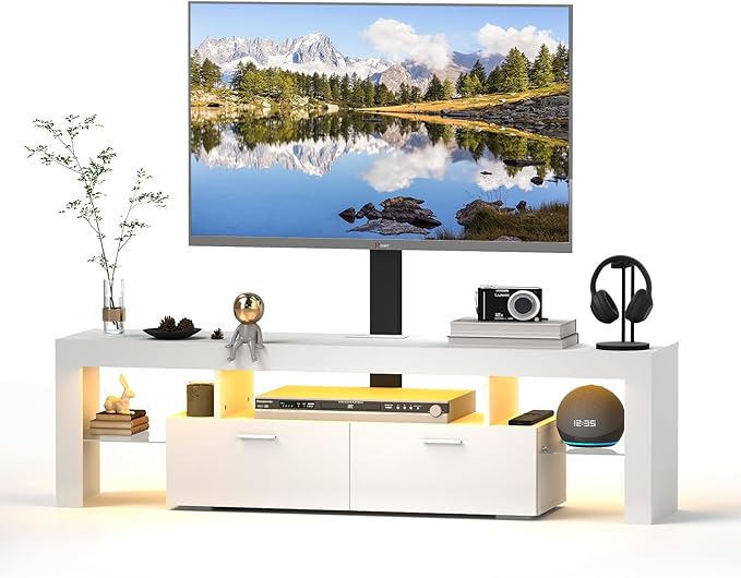 Redkey Modern TV Stand with Mount - TV Console with 2AC Outlets - Television Stands with RGB Led Light for 75 Inch TVs - Double Cabinet - 40°Adjustable Amplitude - White