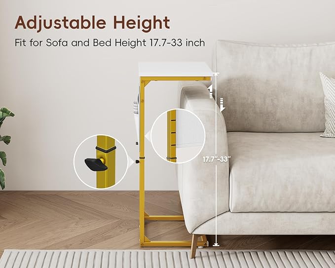 Vagusicc C Shaped End Table with Charging Station, Adjustable Height Side Table for Couch, Sofa Tables Laptop Couch Side Desk, Slide Under Sofa TV Tray Arm C Table for Living Room Bedroom, Golden