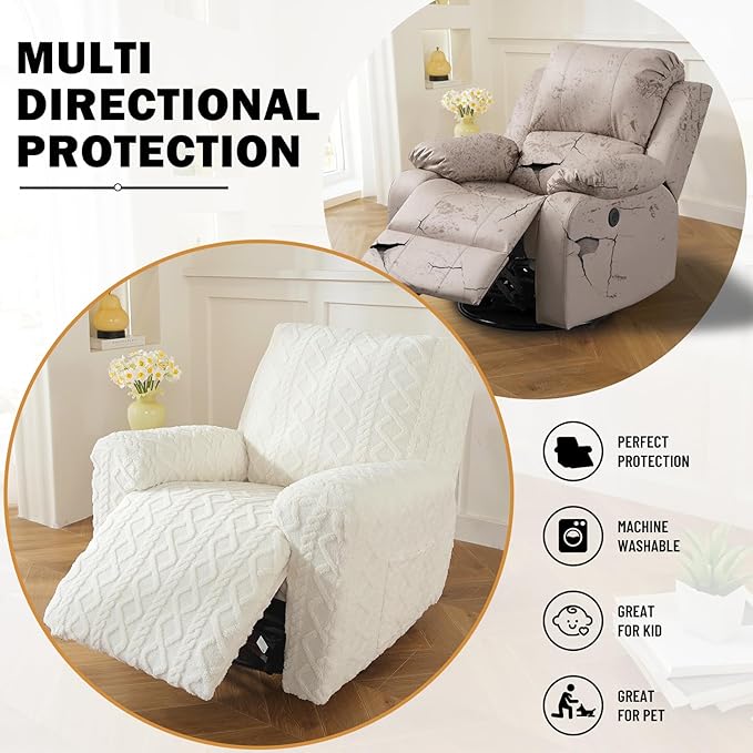 vctops 4 Pieces Geometric Jacquard Plush Recliner Slipcovers Soft Fuzzy Fluffy Sofa Couch Cover Anti-Slip Furniture Protector with Elastic Bottom for Kids Cats Dogs(Cream,1 Seat)