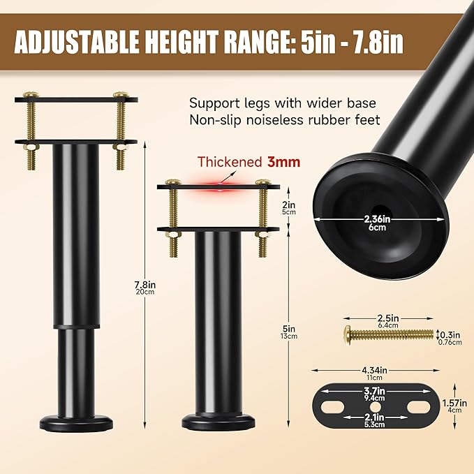 4 Pack Adjustable Height Center Support Leg for Bed Frame, Upgrade Under Bed Support Leg with Wider Base, Bed Support Legs for Wood Slats, Bed Frame Legs Replacement, Patas para Cama Queen De Madera