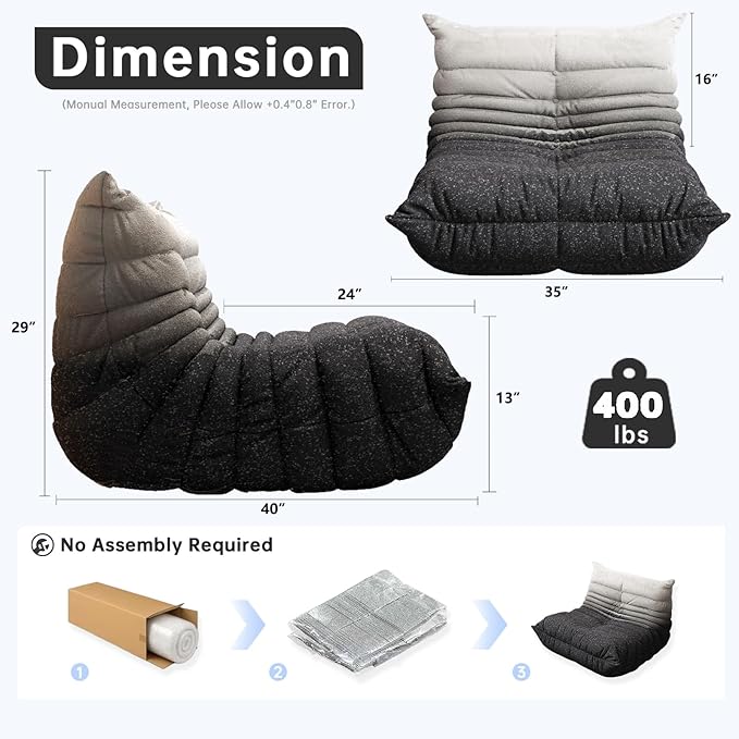 Bean Bag Chairs for Adults, BeanBag Reading Chair Memory Foam Couch, Floor Chair Soft Teddy Material, Comfy Reading Nook Chairs for Bedroom Living Room Office (Black White)