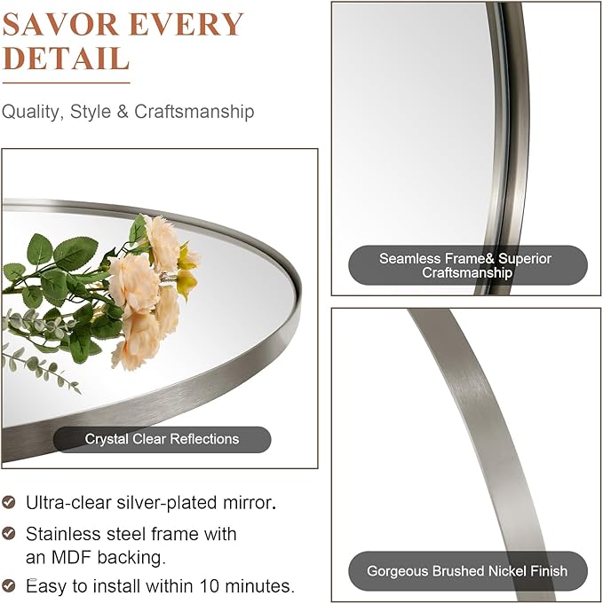ANDY STAR Brushed Nickel Oval Wall Mirror, 20x28, Modern Bathroom Mirror, Sturdy Stainless Steel Frame, Clear Reflection, Anti-Corrosion Backboard