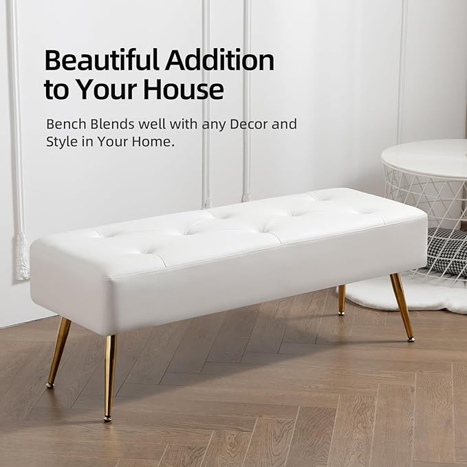 Furniliving Modern PU Leather Benches, Upholstered Tufted Leather Bedroom Ottoman 44" Ottoman Bench with X-Shaped Metal Legs for Makeup Room, Solid Bed Bench for Foyer, IvoryWhite