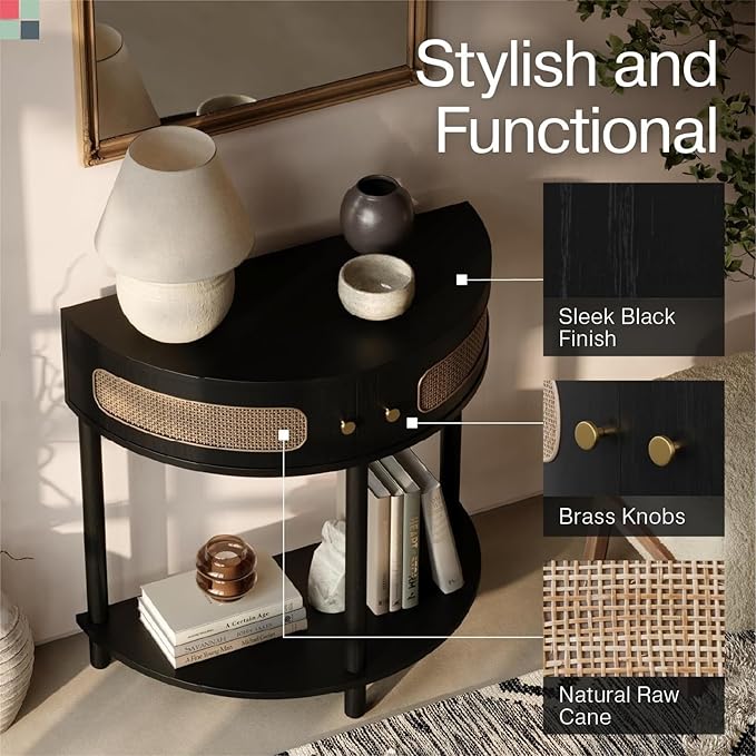 Entryway Table Rattan Half-Moon Console - Semicircular Black Oak & Natural Cane with Brass Knobs - Console Table with Storage & Narrow Curved Design for Entryway & Living Room Decor