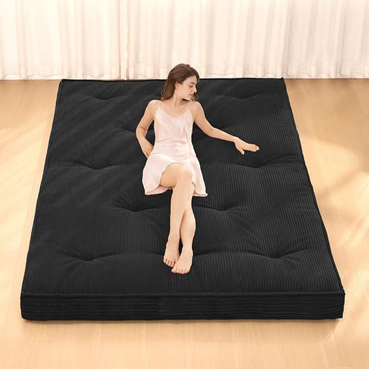 Japanese Floor Mattress, 4" Thicken Futon Mattress Twin Size Sleeping Pad, Corduroy Foldable Mattress Pad Roll Up Tatami Mat Floor Mattress for Adults（Black）