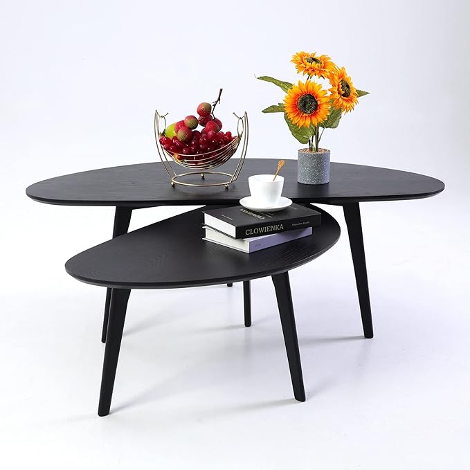 FIRMINANA Small Black Oval Coffee Table for Small Space , Simple Modern Center Table with OAK Wood Legs-Black-18.9" D x 33.47" W x 15.75" H