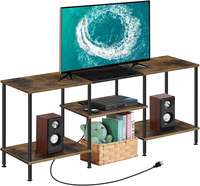 BTY Rustic TV Stand with Storage, 50 inch TV Console Table with Charging Station 3 Tier Small Entertainment Center for Bedroom, Living Room, Brown